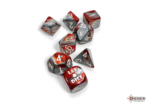 Gemini Red-Steel/white Polyhedral 7-Dice Set (with bonus die)