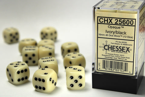 Opaque 16mm d6 Ivory/black Dice Block™ (12 dice)
