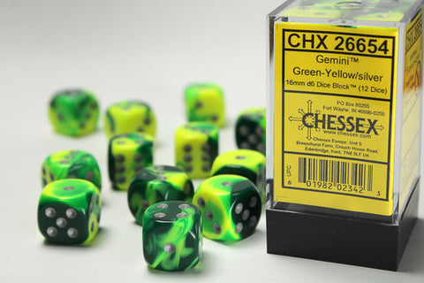 Chessex Gemini 16mm d6 with pips Dice Blocks (12 Dice) - Green-Yellow w/silver
