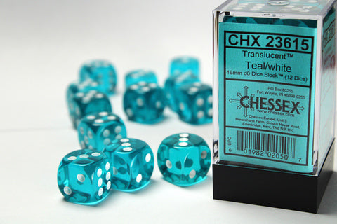 Translucent 16mm d6 Teal/white Dice Block™ (12 dice)