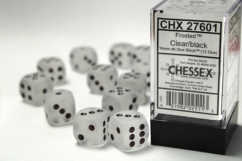 Frosted™ 16mm d6 Clear/black Dice Block™ (12 dice)