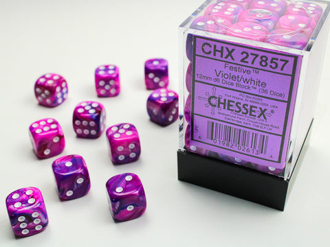 Festive® 12mm d6 Violet/white Dice Block™ (36 dice)