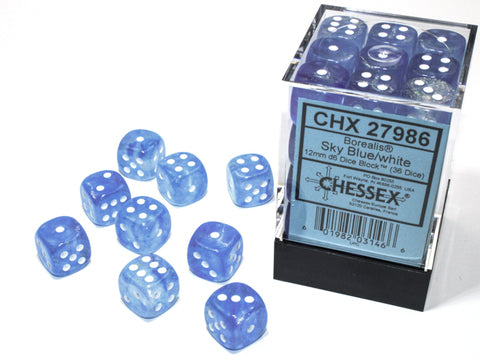 Borealis® 12mm d6 Sky Blue/white Luminary™ Dice Block™ (36 dice)