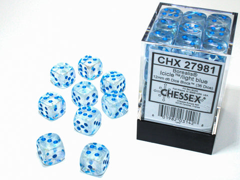 Borealis® 12mm d6 Icicle™/light blue Luminary™ Dice Block™ (36 dice)