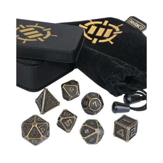 ENHANCE Tabletop RPGs 7pc DnD Metal Dice Set with Case and Dice Bag Black