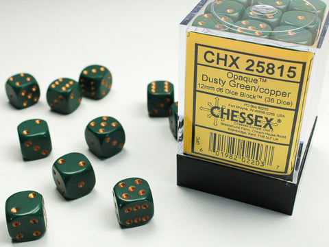 Chessex Opaque 12mm d6 with pips Dice Blocks (36 Dice) - Dusty Green w/gold