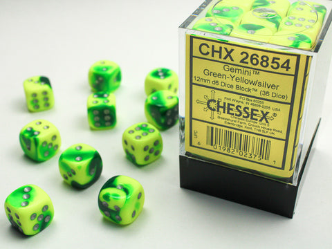Chessex Gemini 12mm d6 Dice Blocks with pips Dice Blocks (36 Dice) - Green-Yellow w/silver